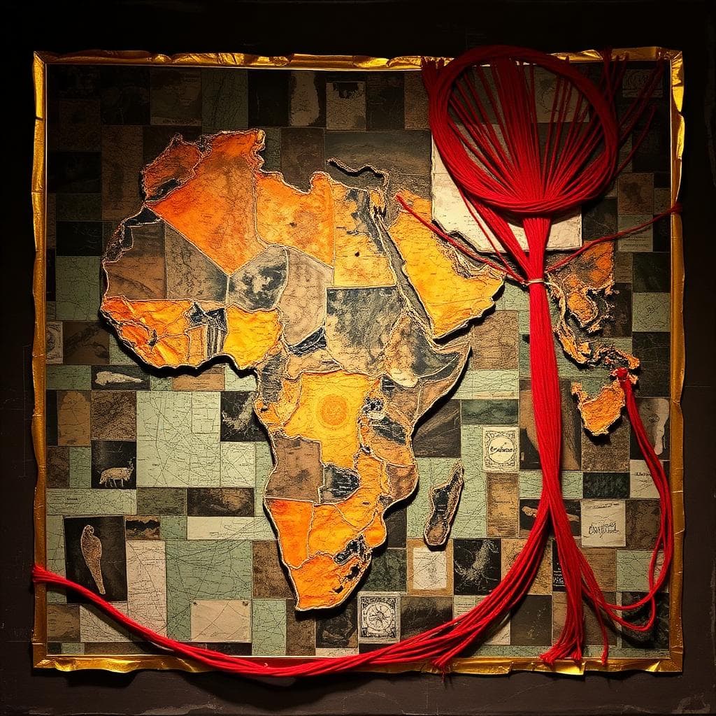 A high-contrast cinematic photograph of a grand museum gallery showing large-scale contemporary African paintings against pristine white walls.
