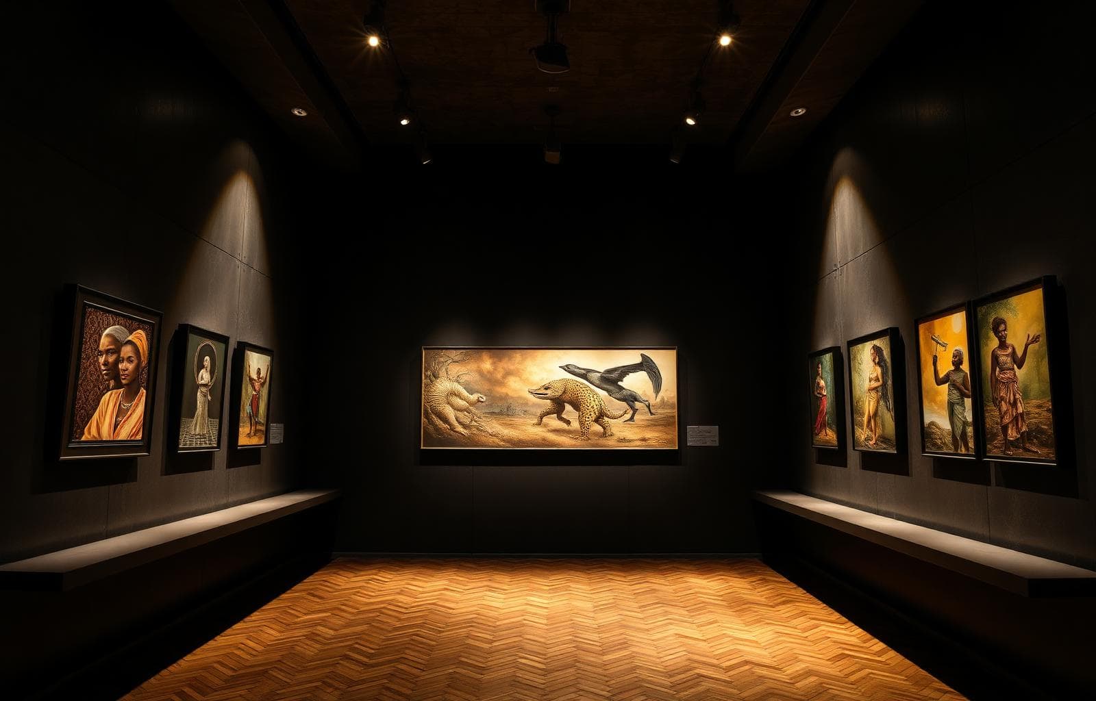 A curator in a sunlit gallery space examining a contemporary African painting up close.