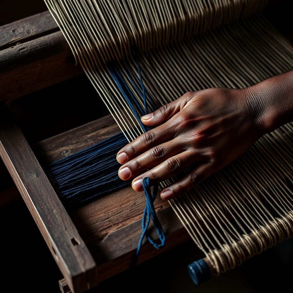 Documentary photograph of a Malian weaver's hands working on a traditional wooden loom.