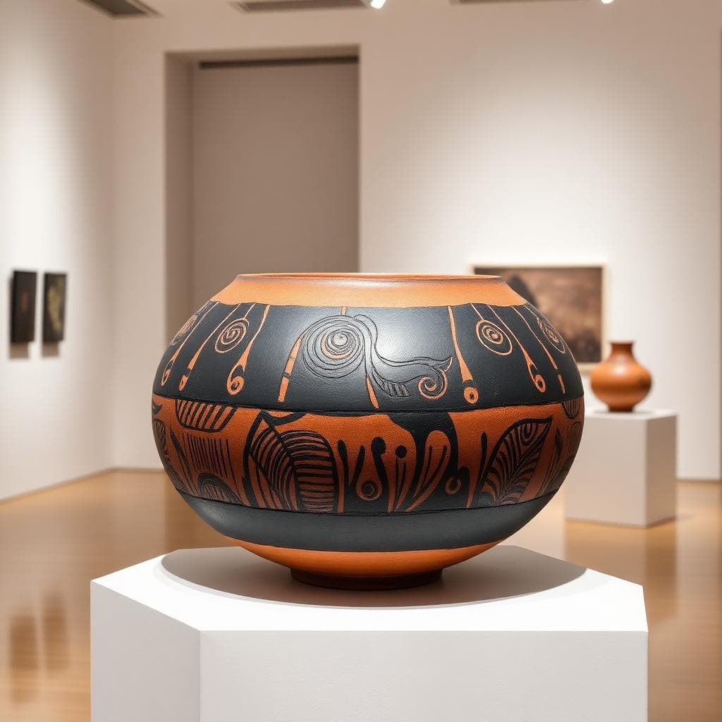 Contemporary African ceramic vessel with tribal-inspired incised patterns.